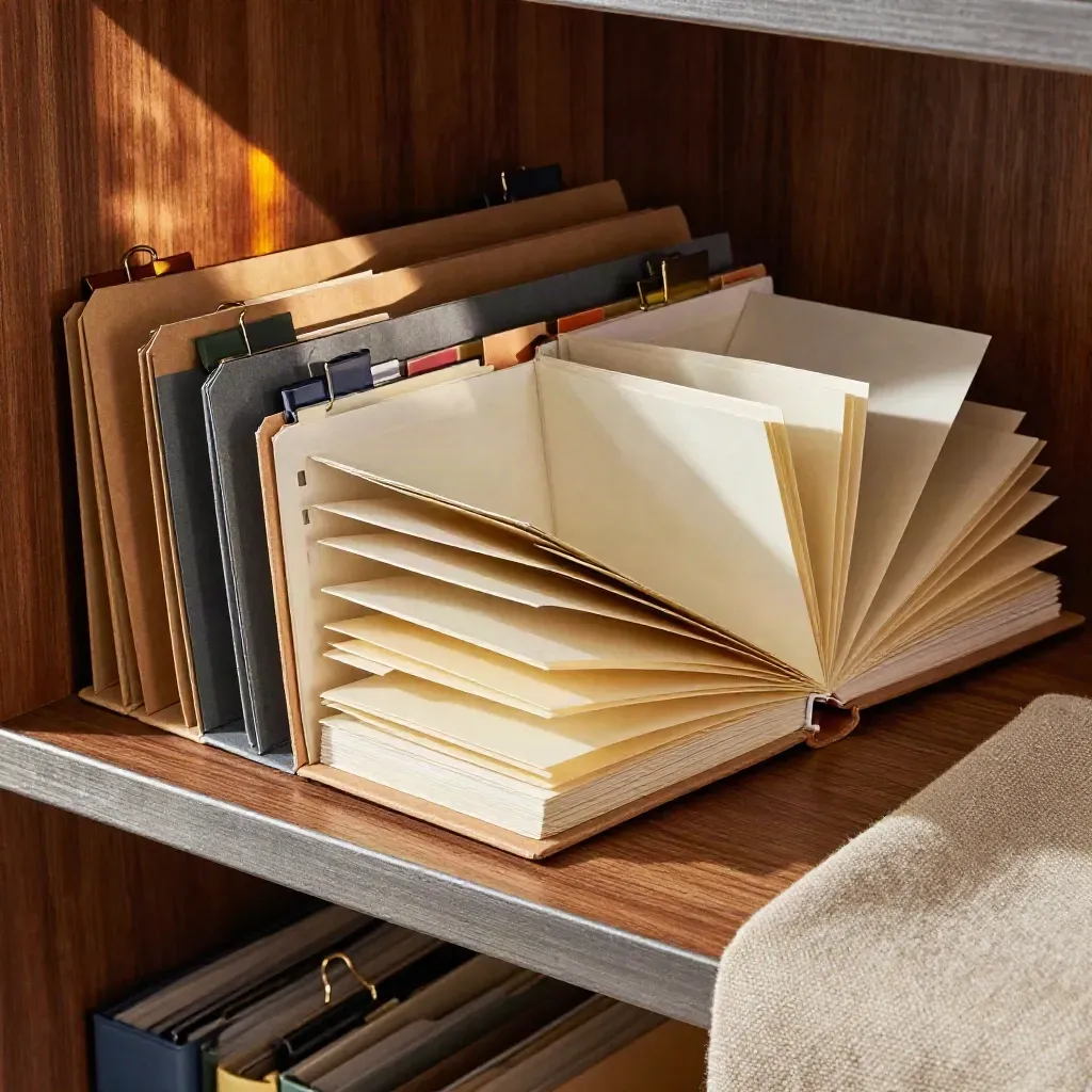 Accordion planner with tabbed folders and binder clips on a walnut shelf