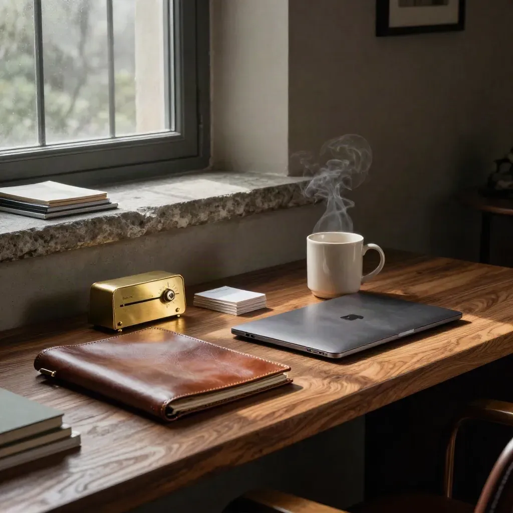 Moody Georgian consulting nook with leather folio, brass timer and closed laptop by rain-lit window.
