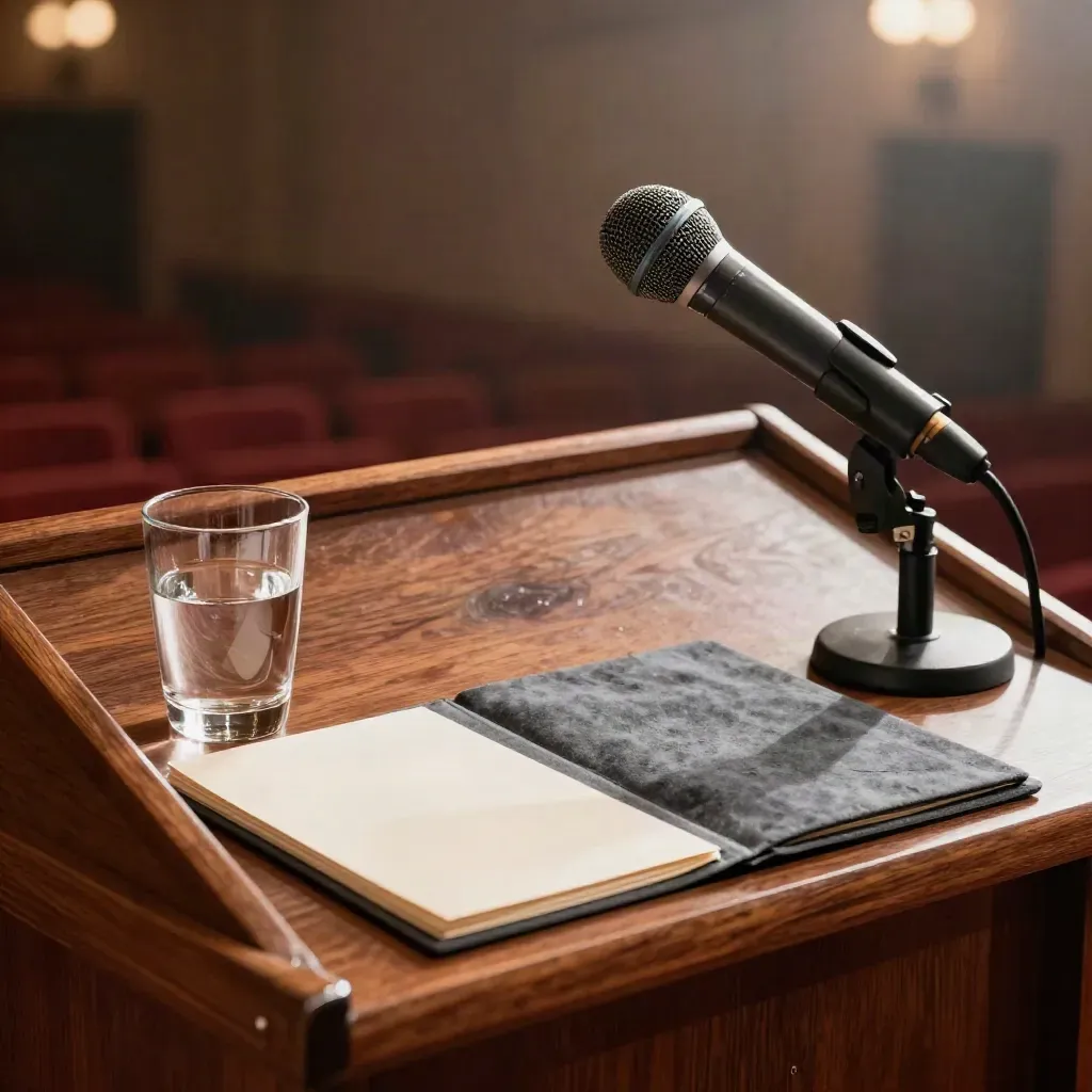 Empty theatre stage setup with lectern, microphone, water glass and cue cards in warm light.