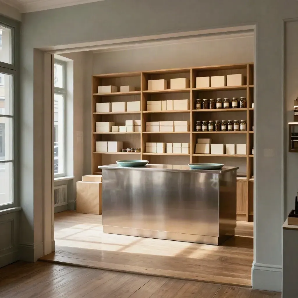 Empty shop interior with lit shelving, counter and wrapped plinths in warm window light.