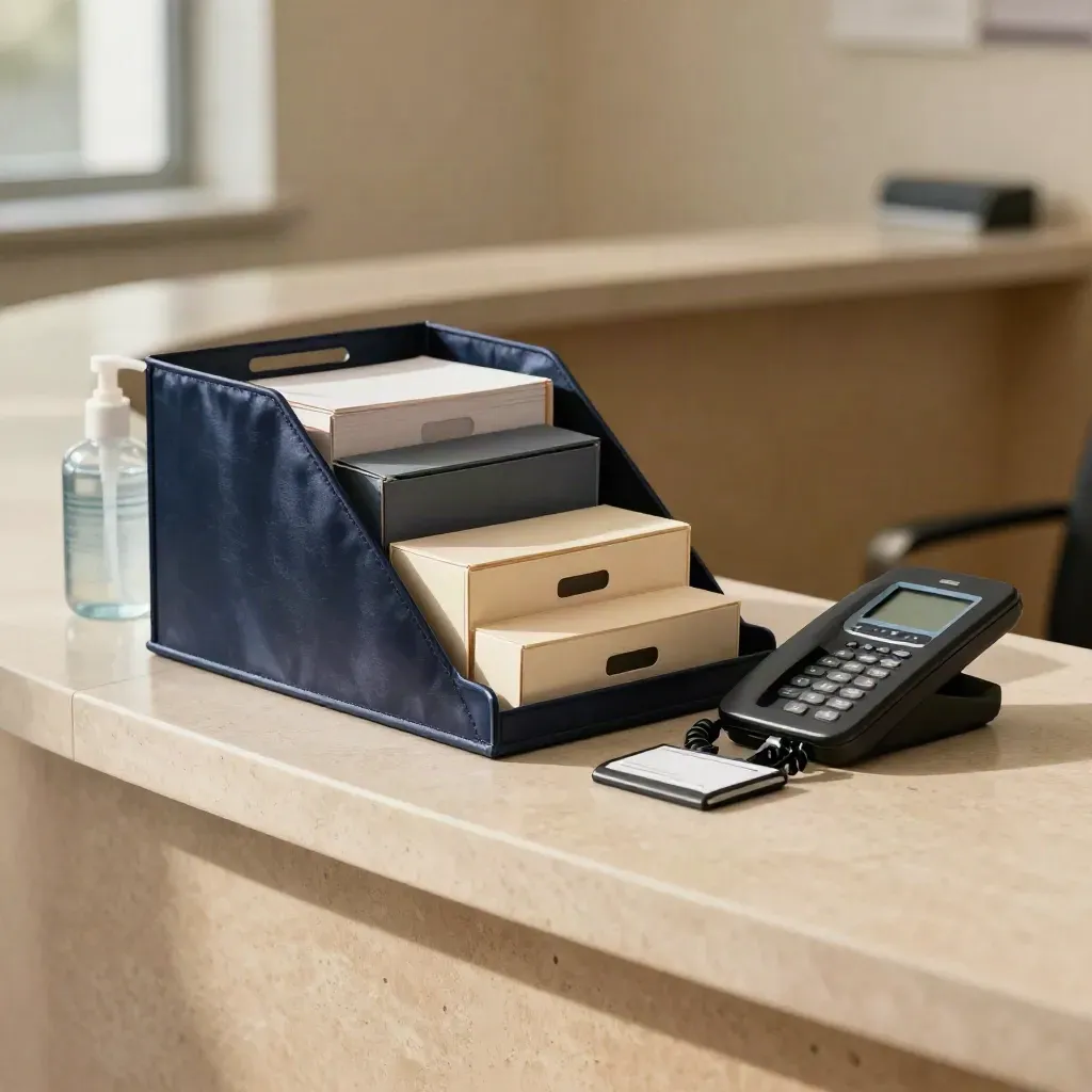 Clinic reception counter with filing trays, hand gel and a docked phone in soft daylight.
