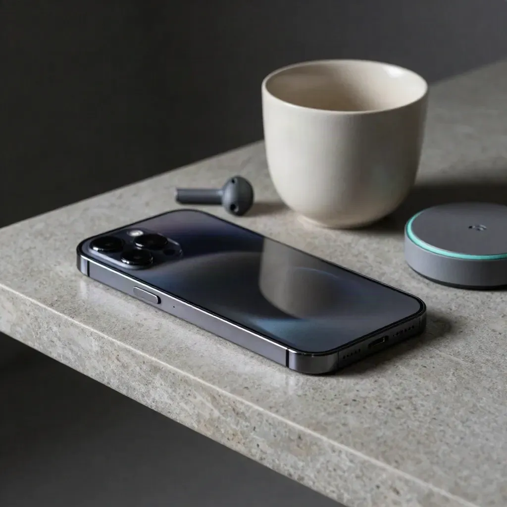 Face-down smartphone, earbuds, ceramic cup and charging dock on a stone shelf