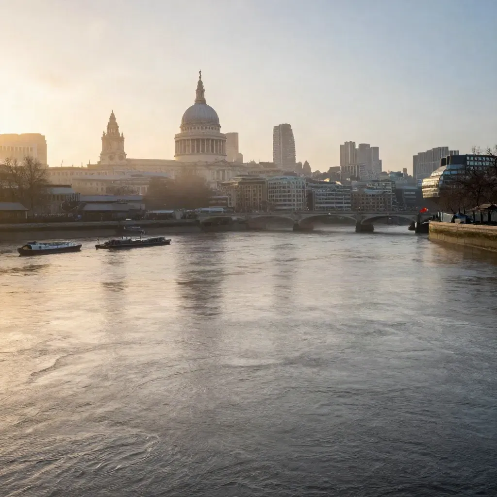 St Paul’s dome and the Thames skyline glowing over misty London at sunrise