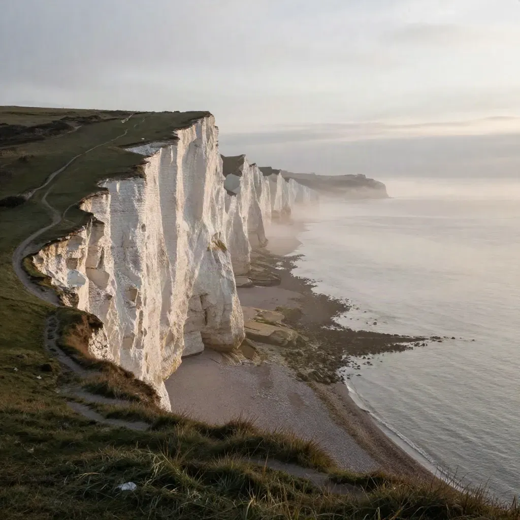 Seven Sisters chalk cliffs in morning mist above a calm Channel